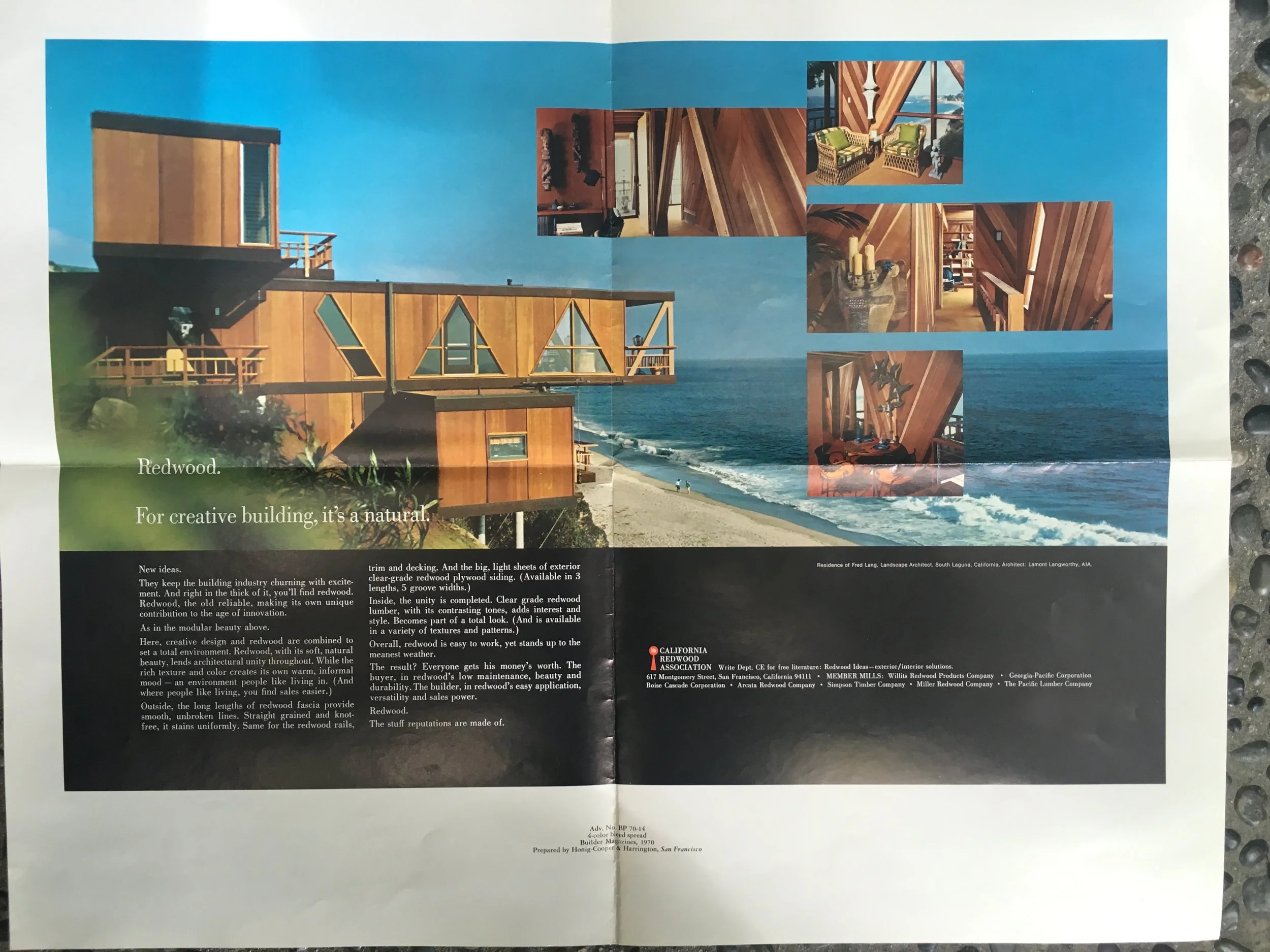 Advertisement for The California Redwood Association. Lamont used redwood plywood on most of his houses in addition to milled cedar and redwood. It was a great material that is no longer manufactured.