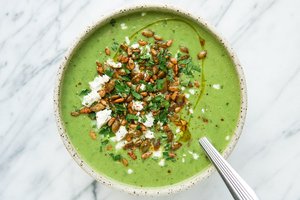 Creamy Spinach Potato Soup with Spiced Seeds