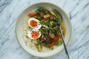 Soupy Rice with Gingery Pork + Veggies