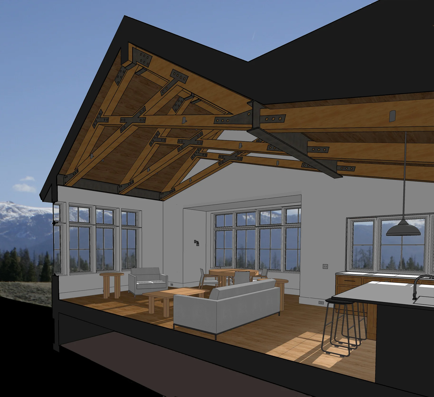 Its materials, textures, color palette and furniture layout.