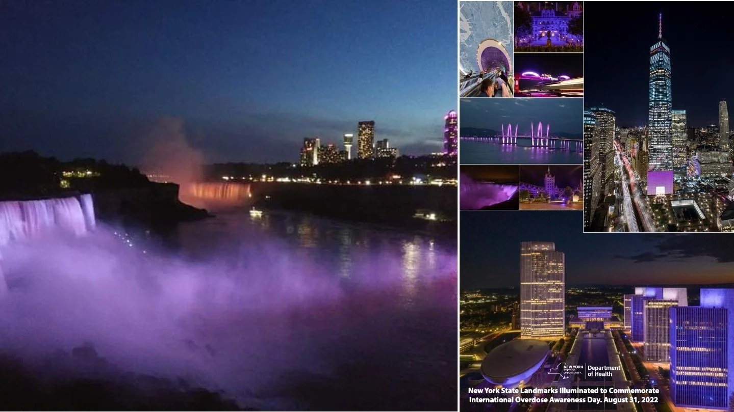 Illuminating New York State landmarks for Overdose Awareness Day