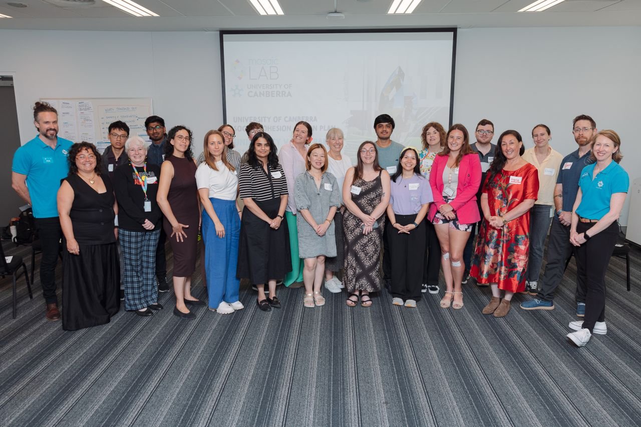 The deliberating group for The Uni of Canberra's Social Cohesion Action Plan - the University Voice Panel - photographed together with MosaicLab facilitators Melinda and Fox