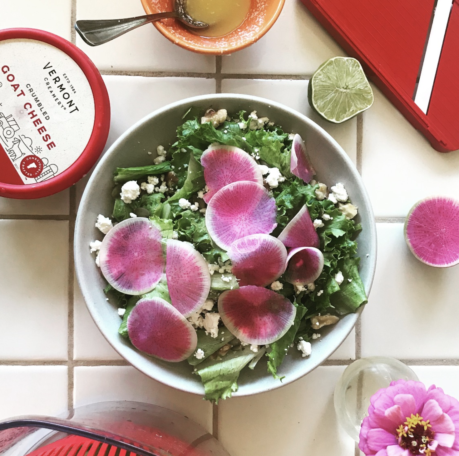 Goat Cheese &amp; Watermelon Radish Salad with Lime Vinaigrette