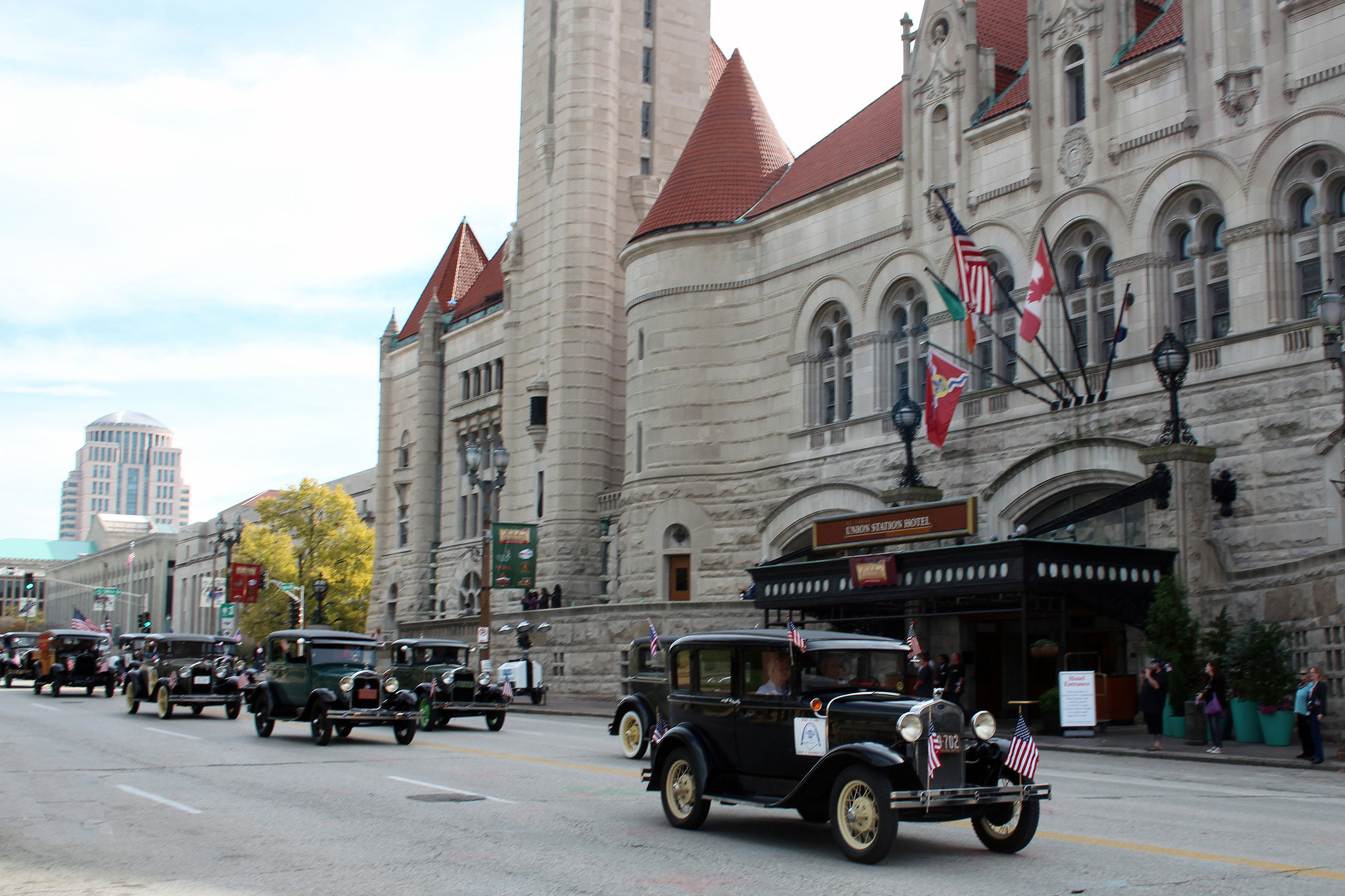  Model A's parading in front of Union Station in St. Louis, MO 