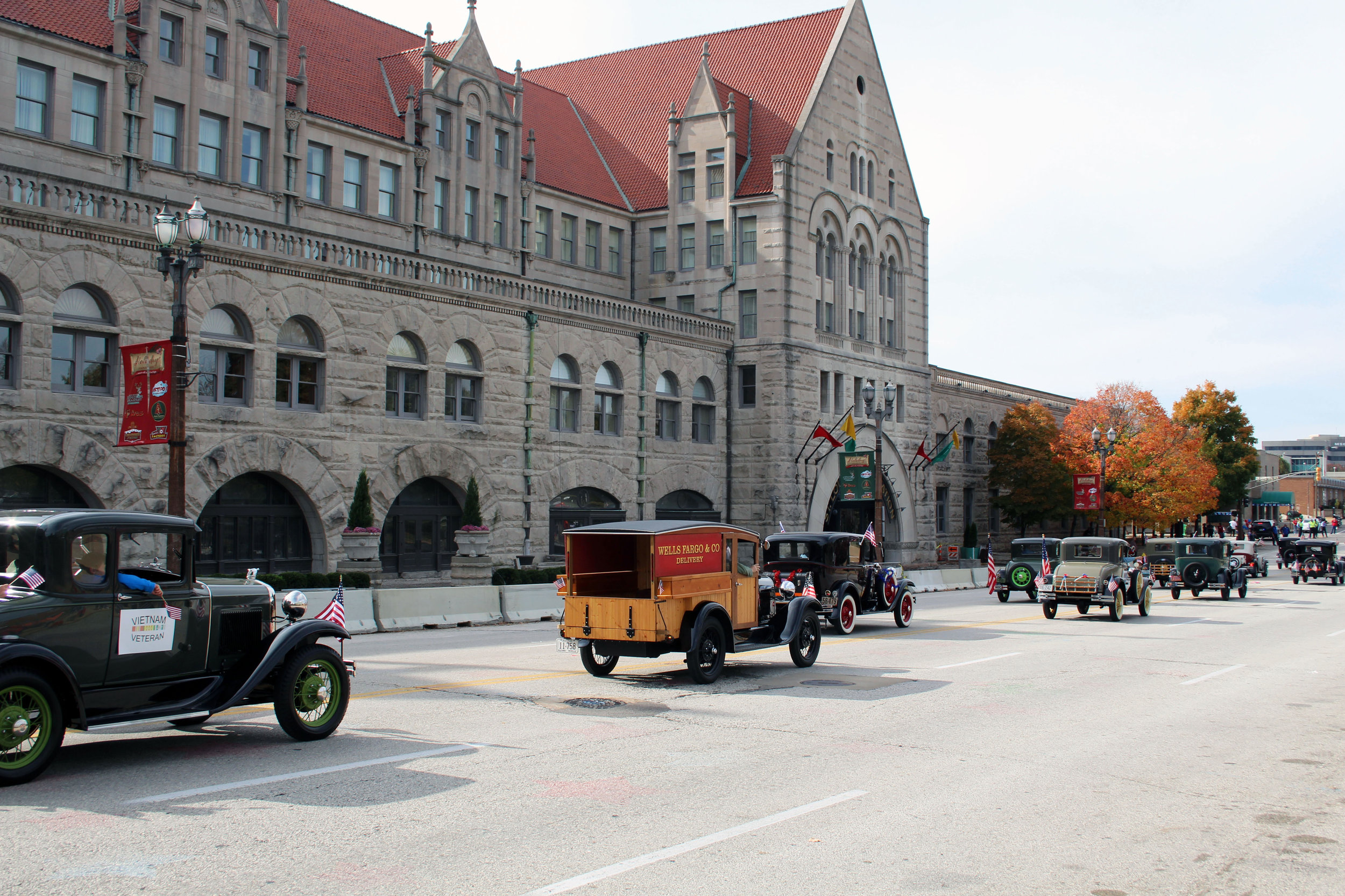   Model A's parading in front of Union Station in St. Louis, MO  