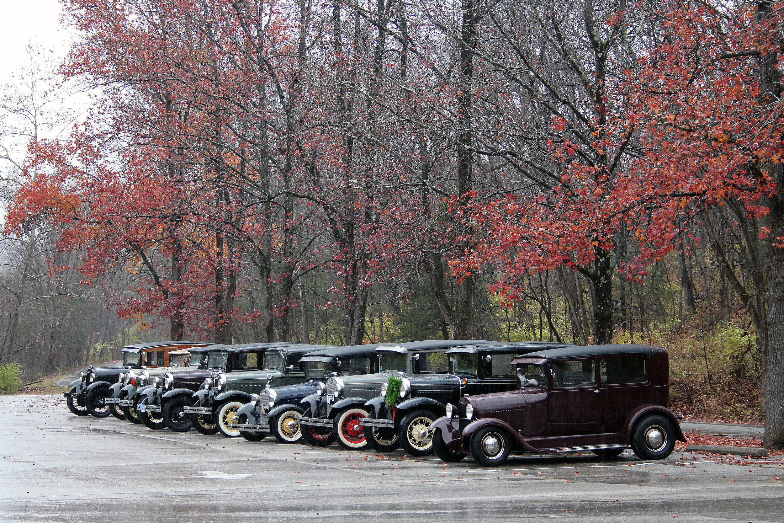   Nine Model A's battled the poor weather and came "rain or shine"  