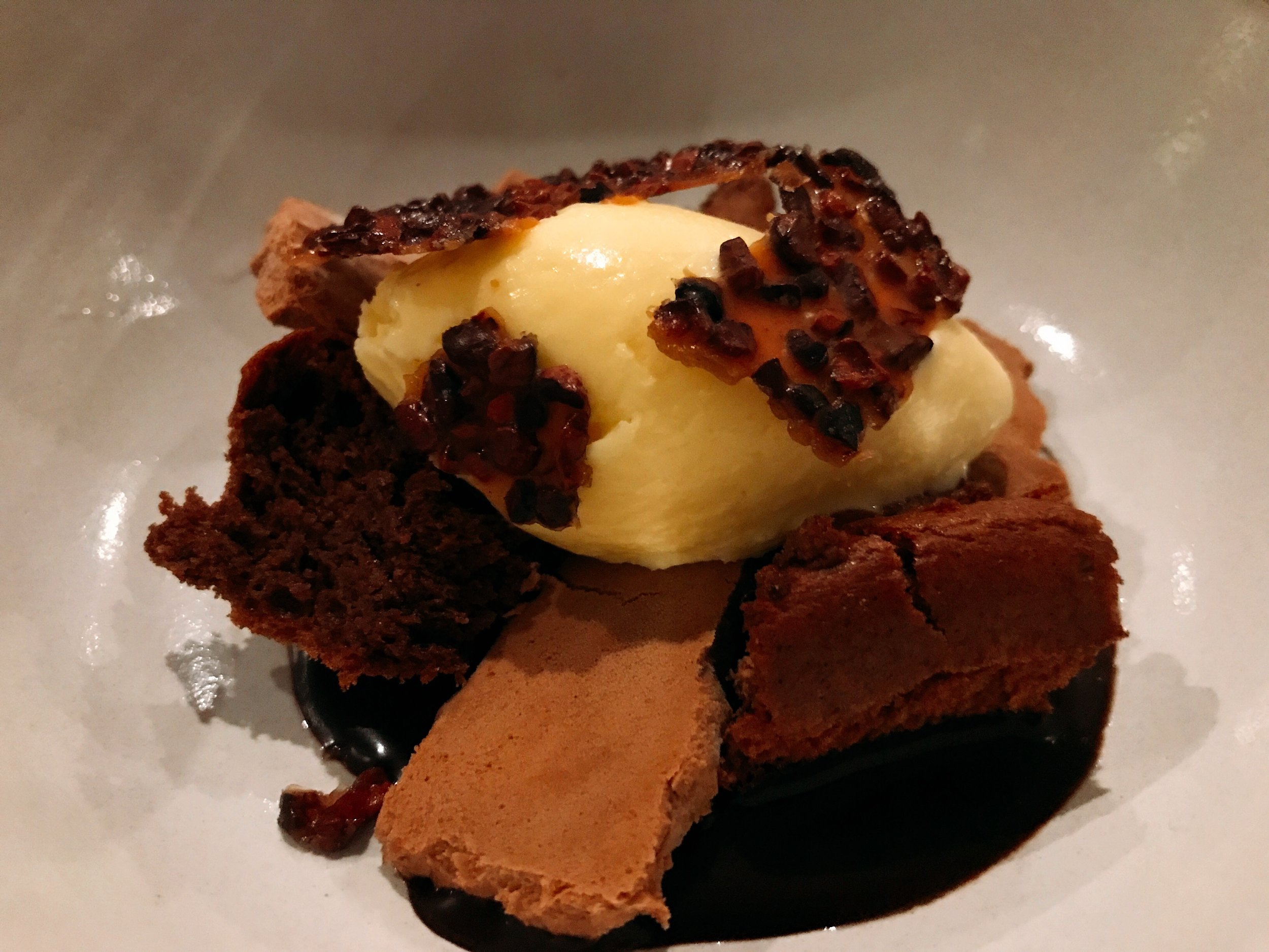 Brown Goat: Flourless chocolate cake, Goat's Milk Ice Cream, Whipped Ganache, Cocoa Nib Tuile, Root Beer Chocolate Sauce