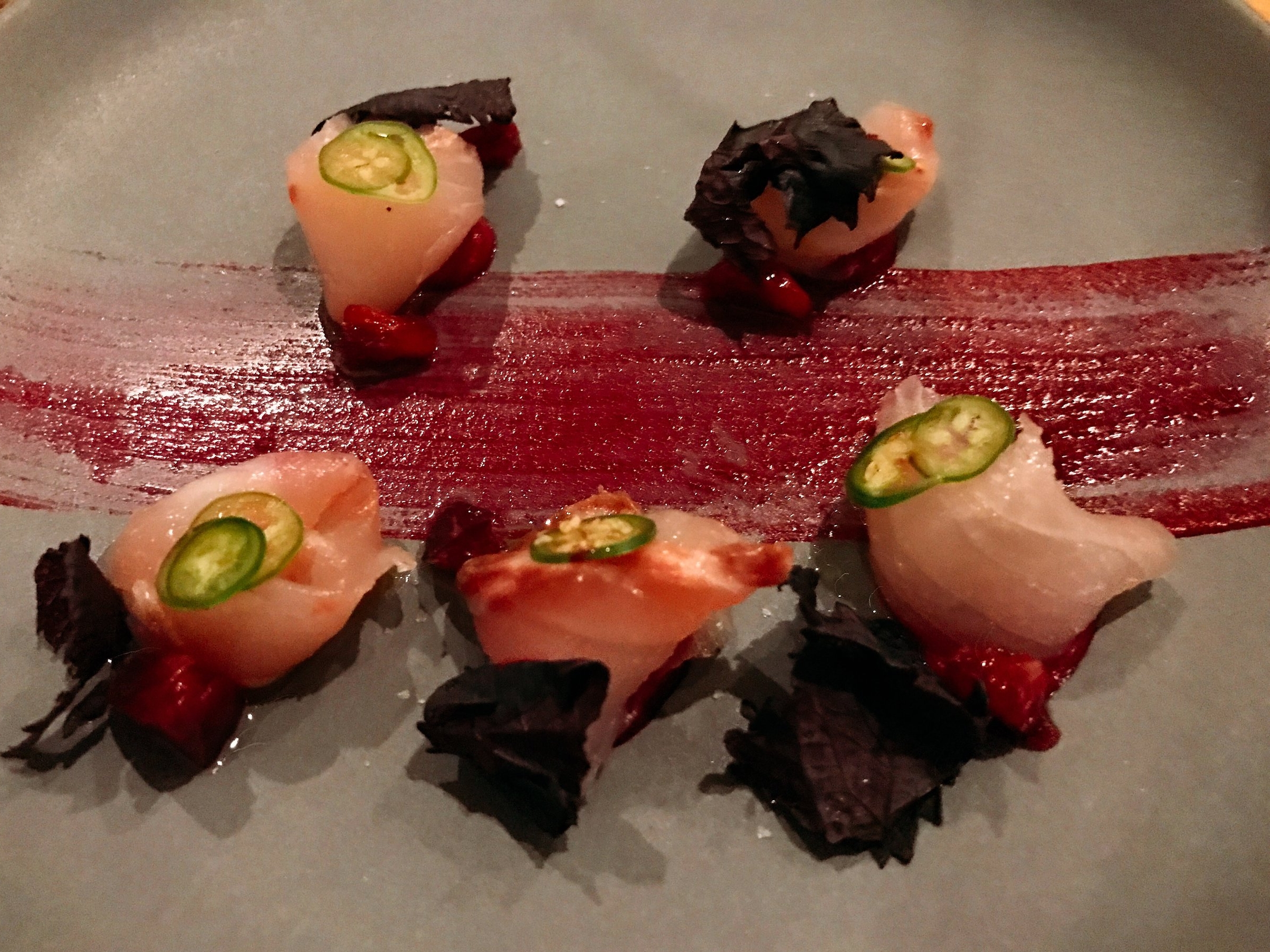 Striped Bass Crudo Red Beet and Serrano Pepper