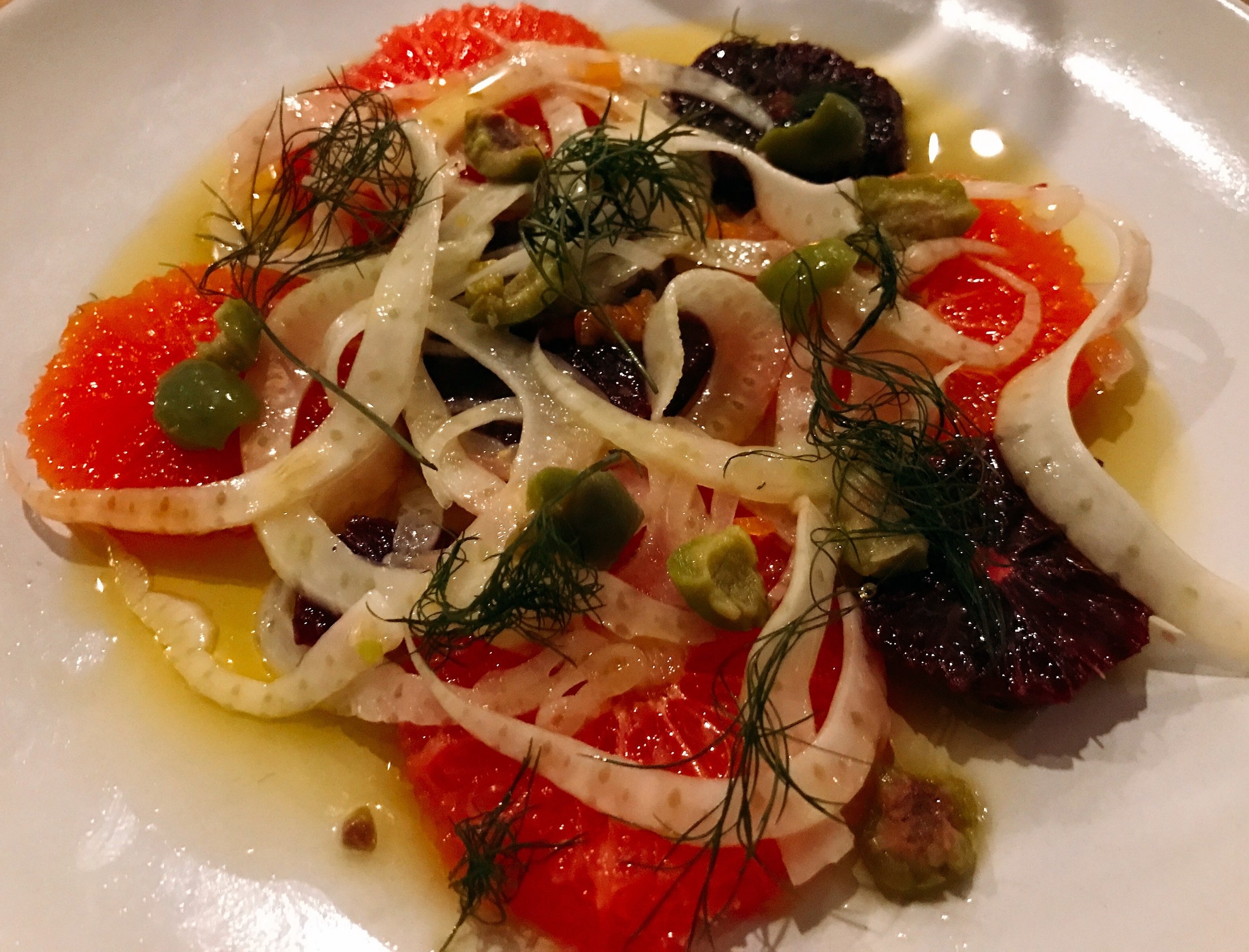Citrus Salad: Blood Orange, Cara Cara Orange, Fennel, Shallot, Castelvetrano Olives