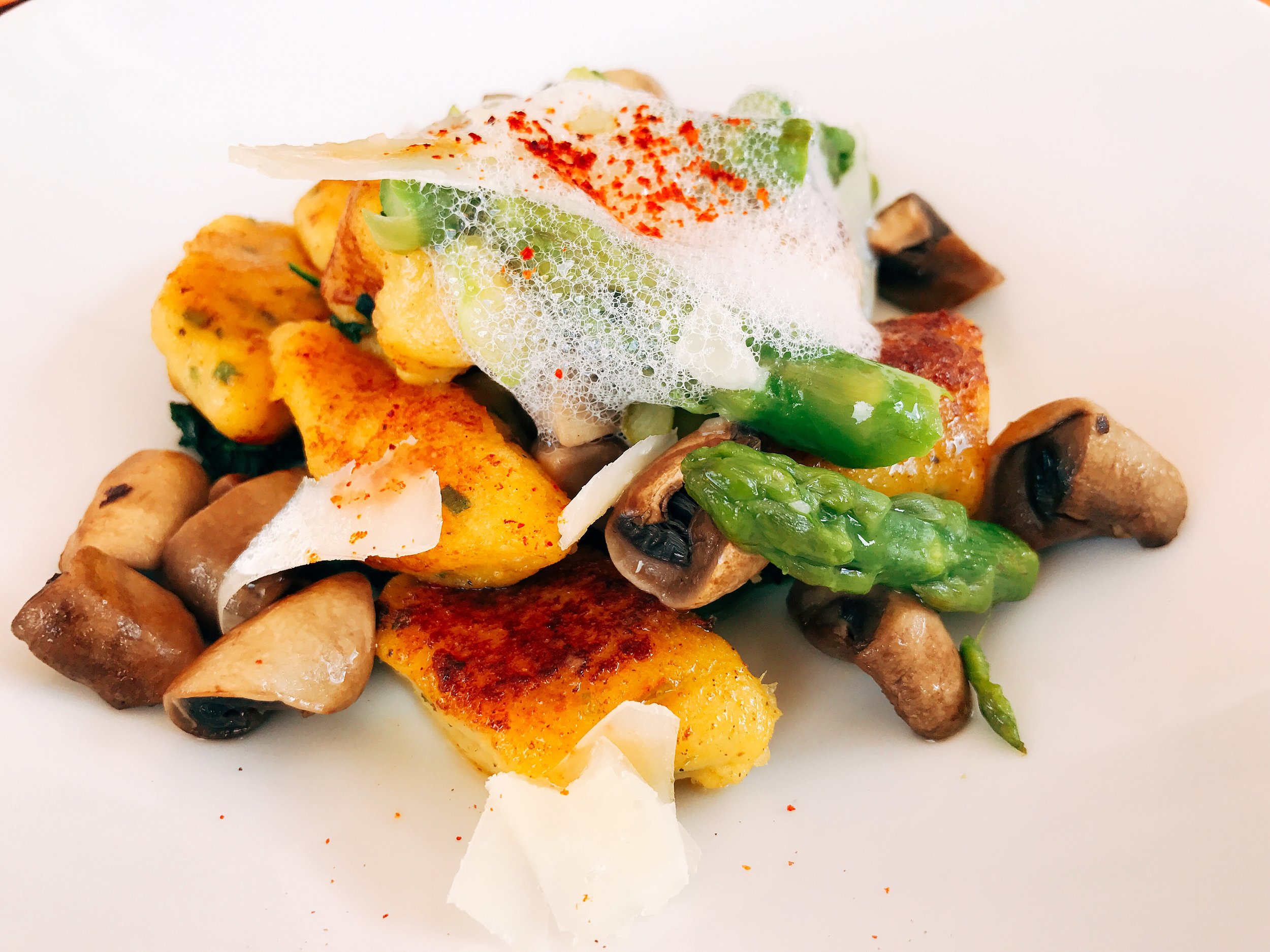 Carrot Gnocchi served with Asparagus and Mushrooms