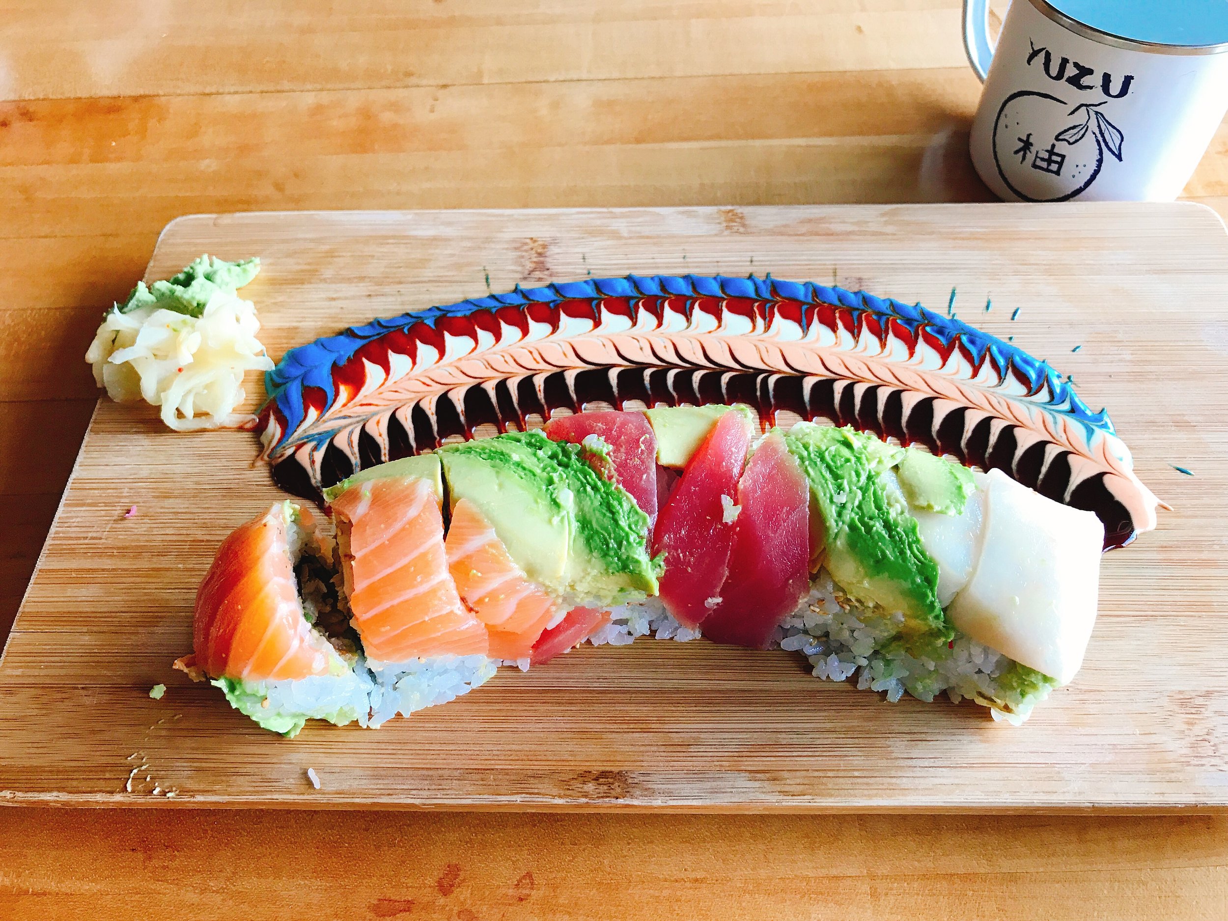 Over the Rainbow: Tuna, Salmon, Super White Tuna, Avocado, Unagi Spicy Mayo, Wasabi and Sweet Soy