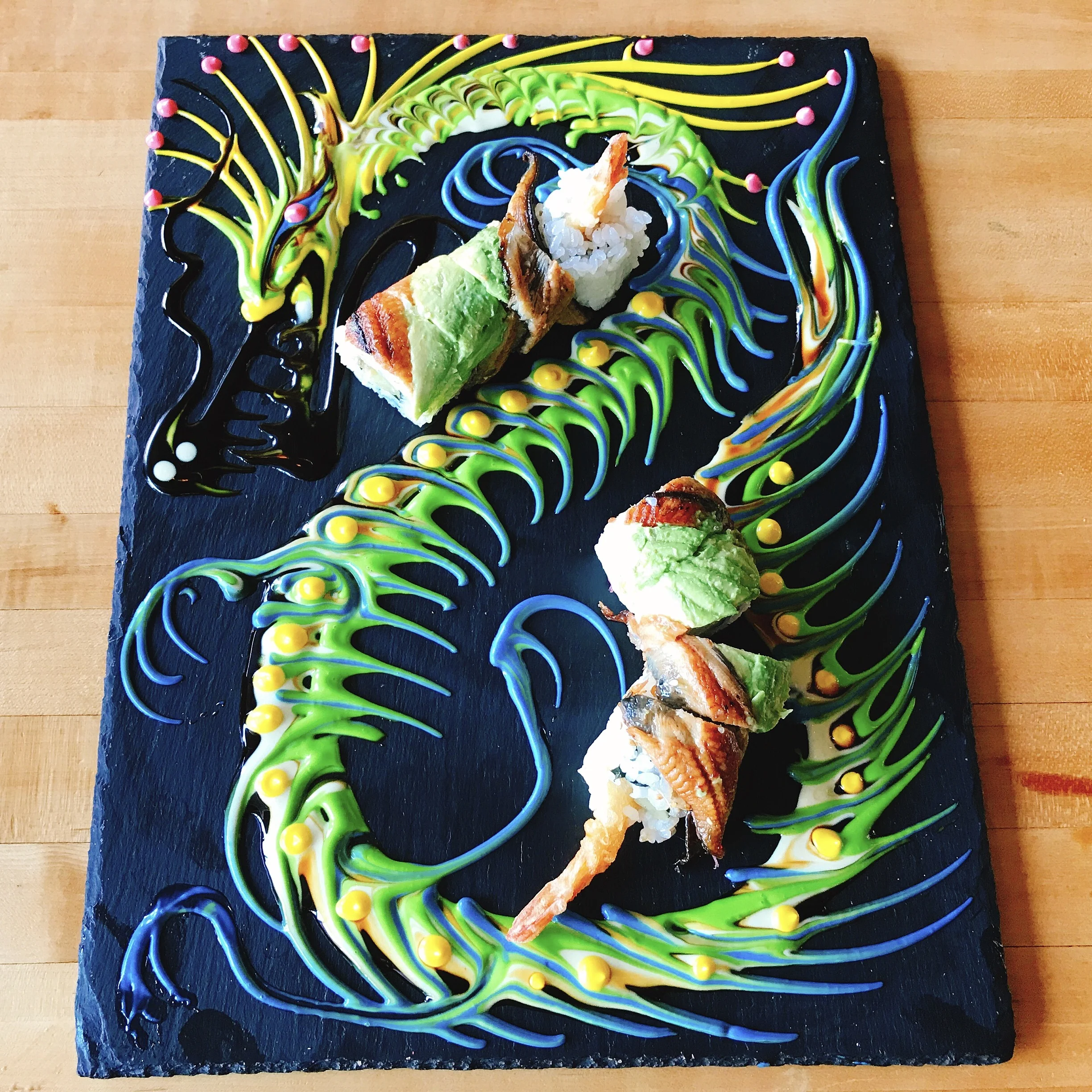 Dragon Ball: Shrimp Tempura, Unagi, Avocado, Cucumber, Tempura Crumbs, Spicy Mayo and Sweet Soy Sauce