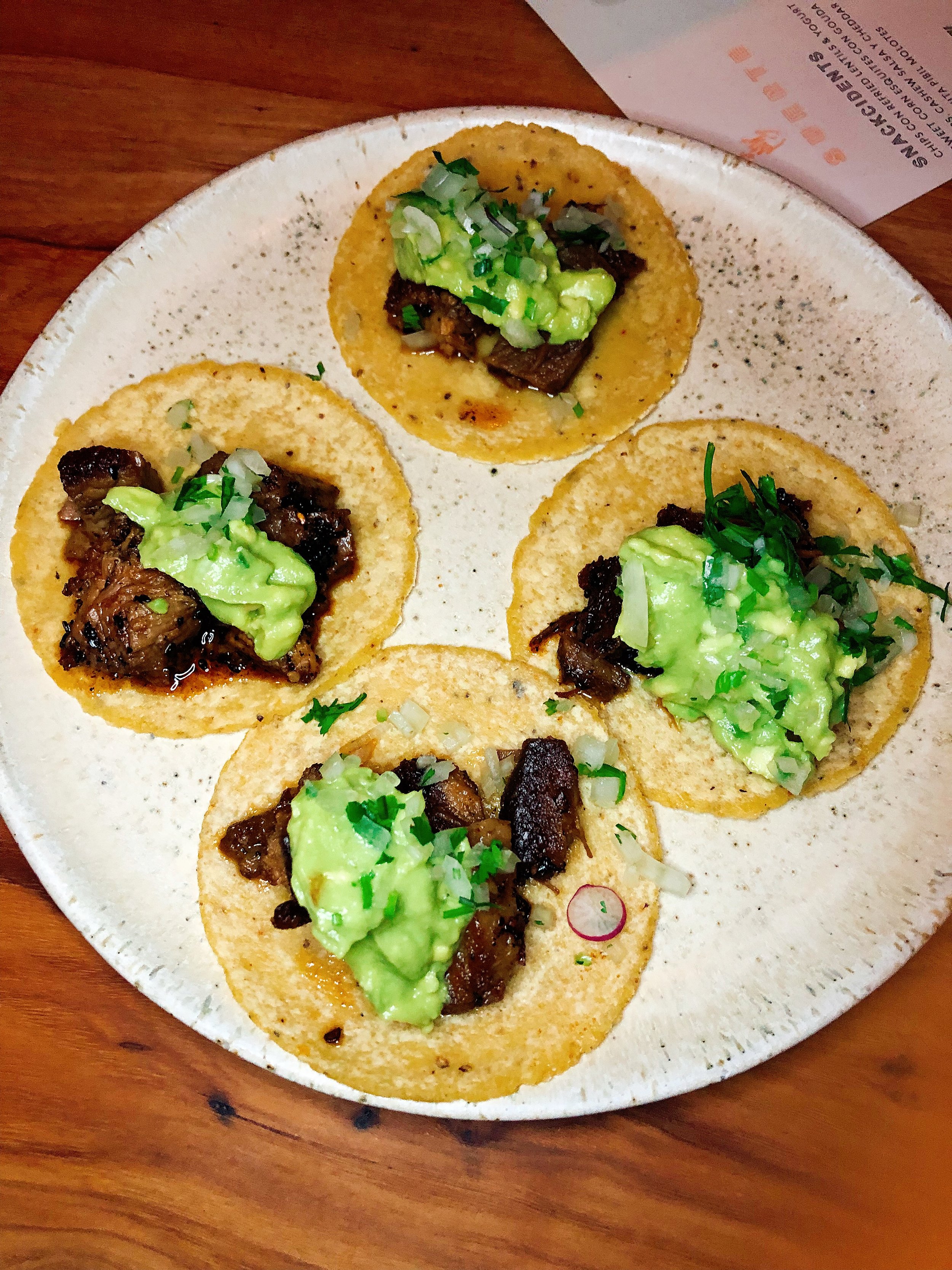 Suadero Tacos | Confit Brisket +Black Magic Oil + Avocado Salsa Cruda