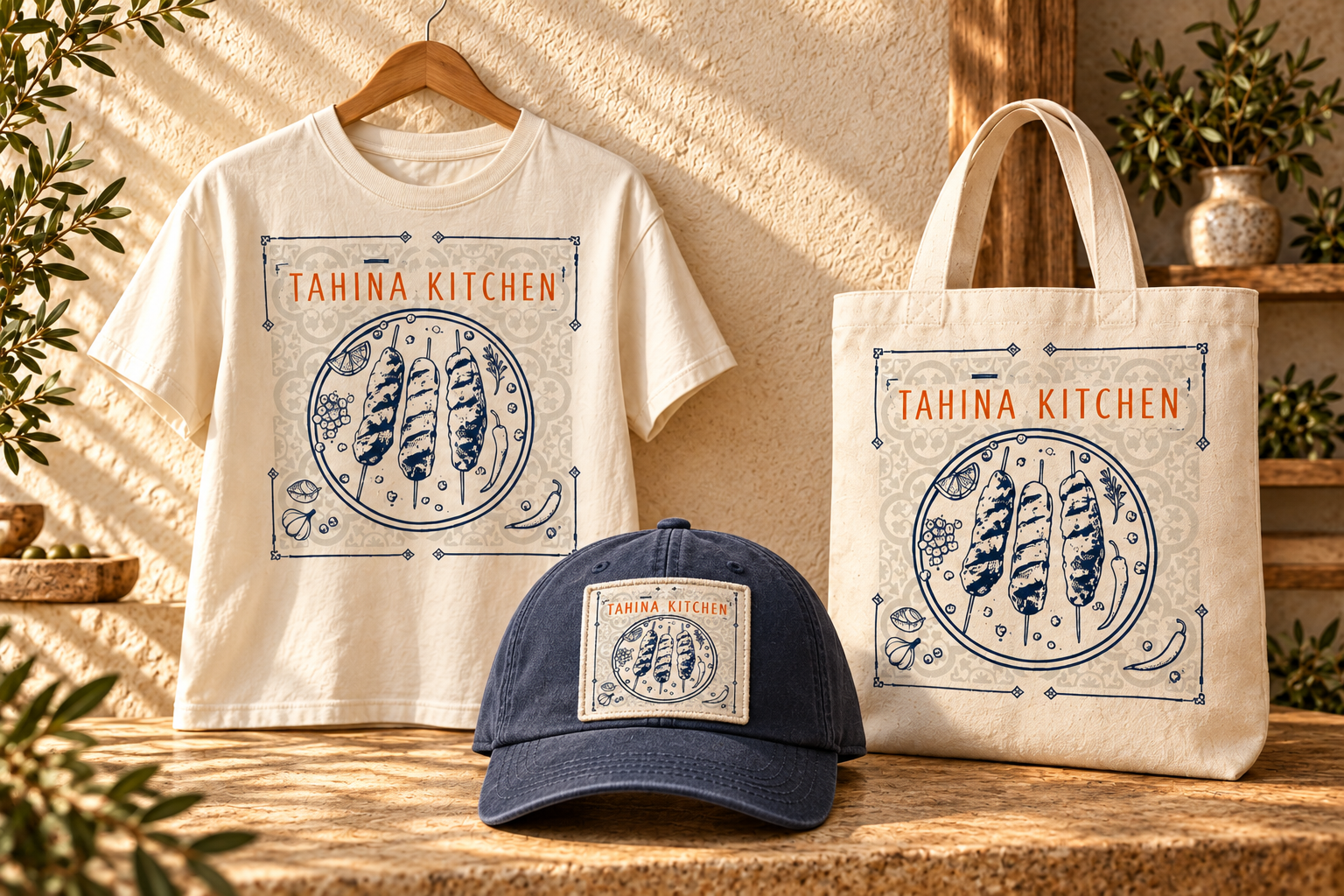 Tahina Kitchen shirt, tote, and cap.png