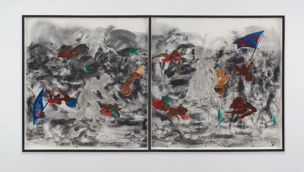 The Republic of New Afrika at a Crossroads, 2016. Kara Walker (American, b. 1969). Graphite, raw pigment, watercolor medium on paper; 113 x 215 inches overall, framed. The Cleveland Museum of Art, Purchase from the J. H. Wade Fund 2016.54.a & b. Courtesy of the artist and Sikkema Jenkins & Co. © Kara Walker, photo: Jason Wyche