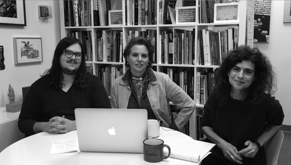 Rainey Knudson (center) with Brandon Zech and Christina Rees at Glasstire's home in Houston, TX ; Photo Source: www.glasstire.com