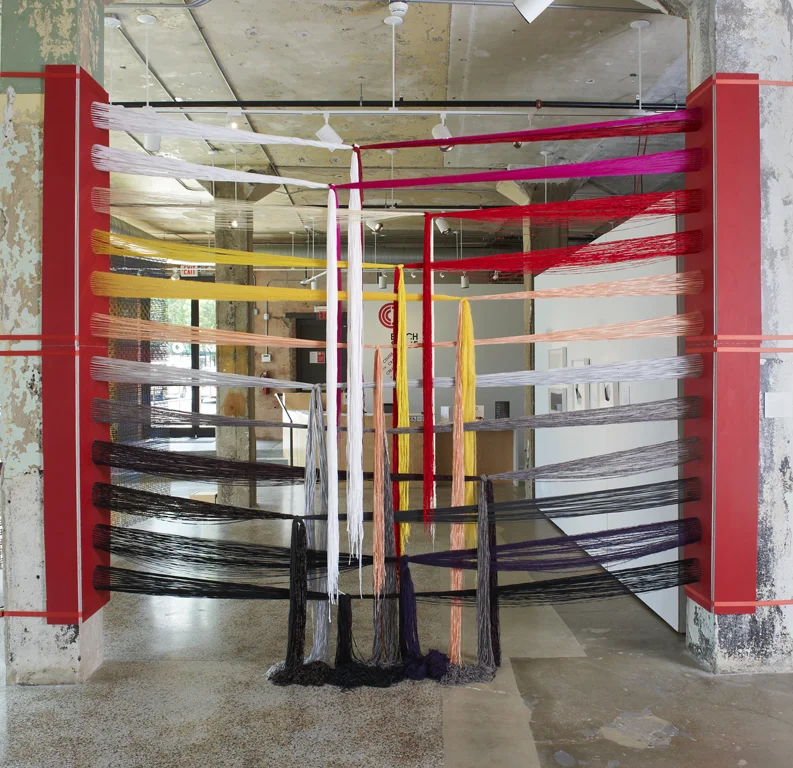 Liz Collins, Aqueducts , 2017. Yarn, drywall, plywood, mixed media. Dimensions variable. Installation view, The Center for Craft, Creativity & Design, 2017. Photo: Steve Mann, Black Box Photography.
