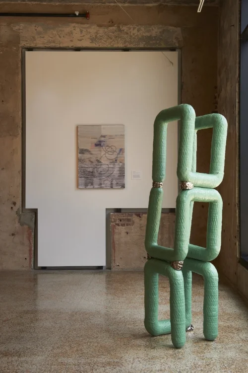 Del Harrow, Cactus Korous 2 , 2016. Earthenware, glaze, luster. 73 x 19 x 19 inches. Installation view, The Center for Craft, Creativity & Design, 2017. Photo: Steve Mann, Black Box Photography.