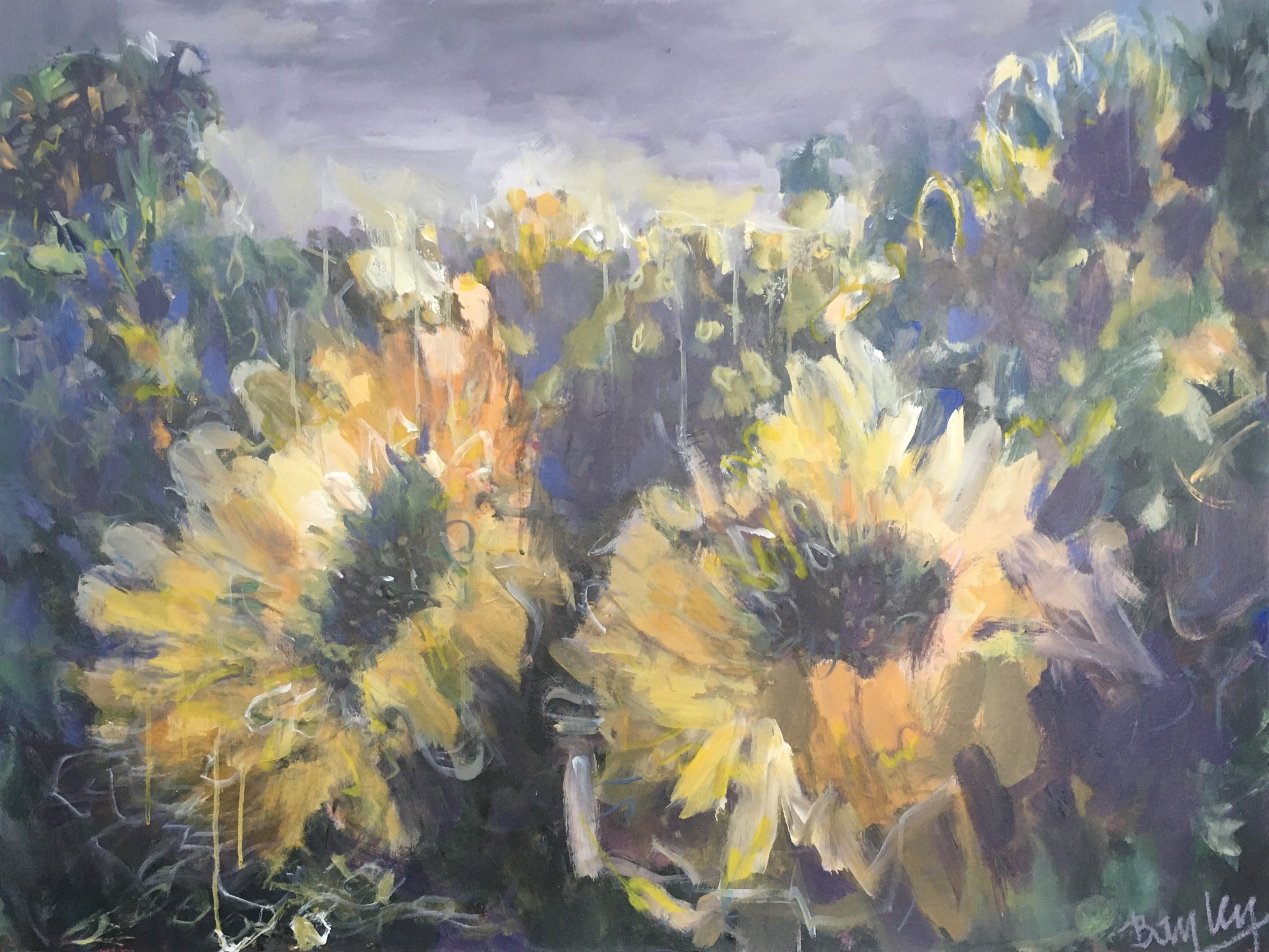 Basking in Sunshine Acrylic, pastel, ink, charcoal on canvas, 30 x 40 inches