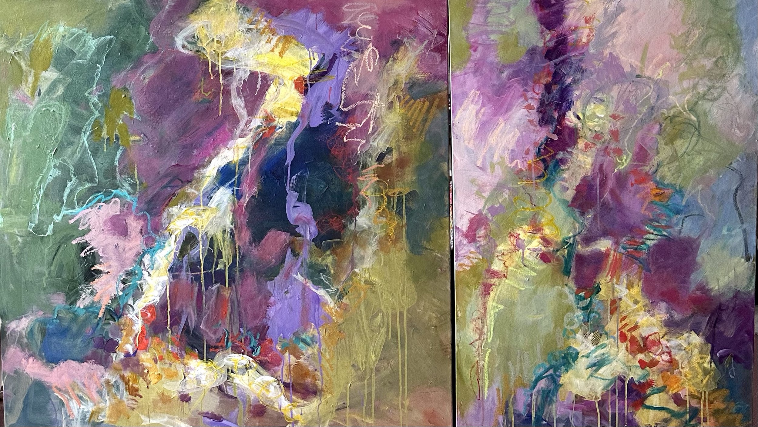   First Breath of Spring No. 1  and  No. 2  (diptych)  Acrylic, pastels, and charcoal on deep canvas, 36x60 inches 