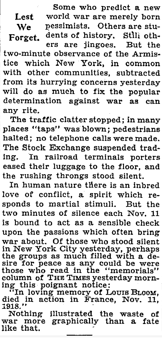 Bloom, Louis Lest We Forget NYT 12 Nov 1930.png