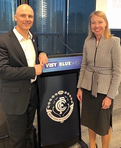 Dr Katie Spearritt (CEO, Diversity Partners) with Cain Liddle (CEO, Carlton Football Club) speaking on ways to support Inclusive Leadership at the Visy Blue Skies Event, June 2018.