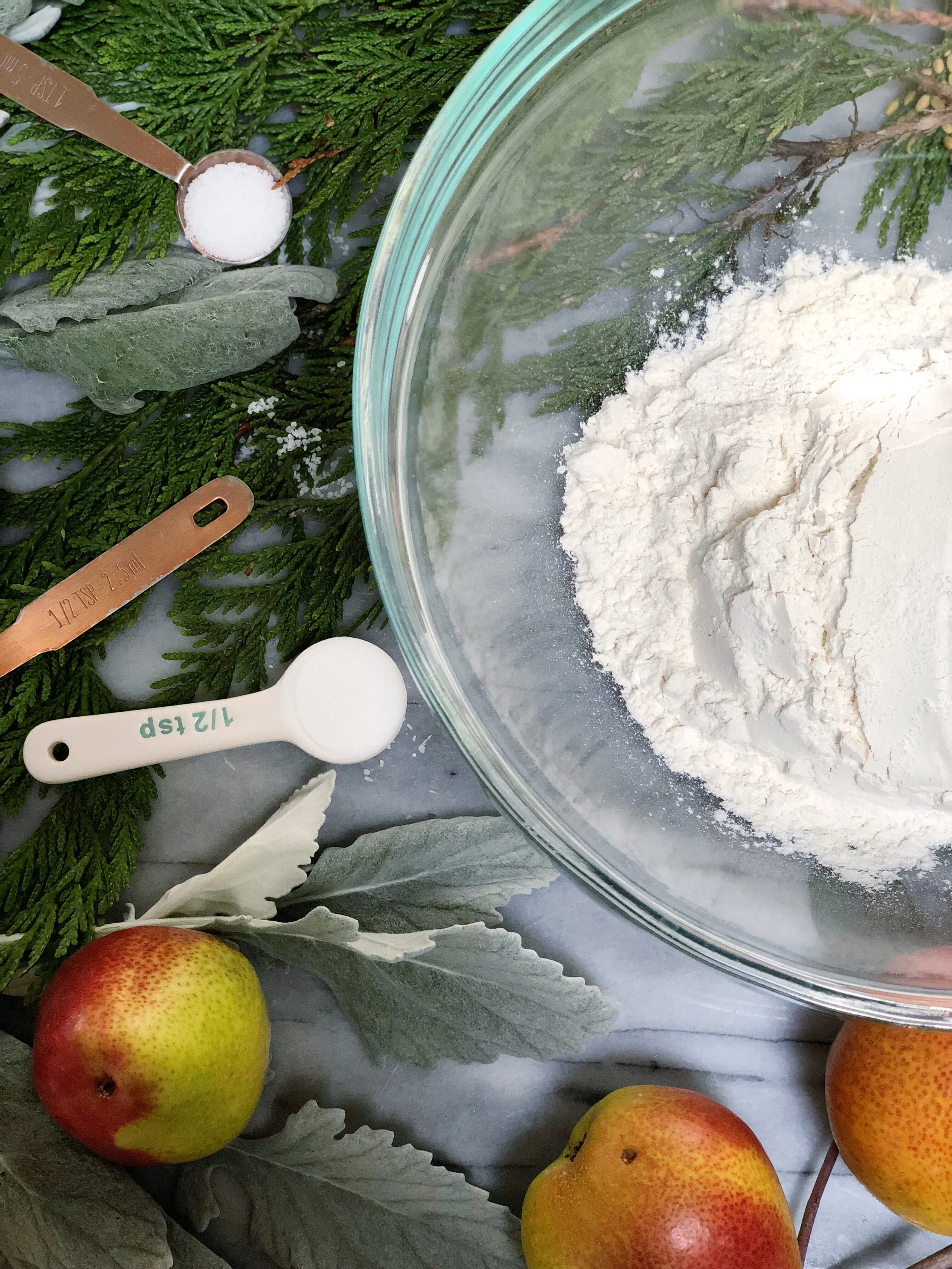1. Start by combining your dry ingredients in a large bowl; APF, baking soda, baking powder, salt, and cardamom. 