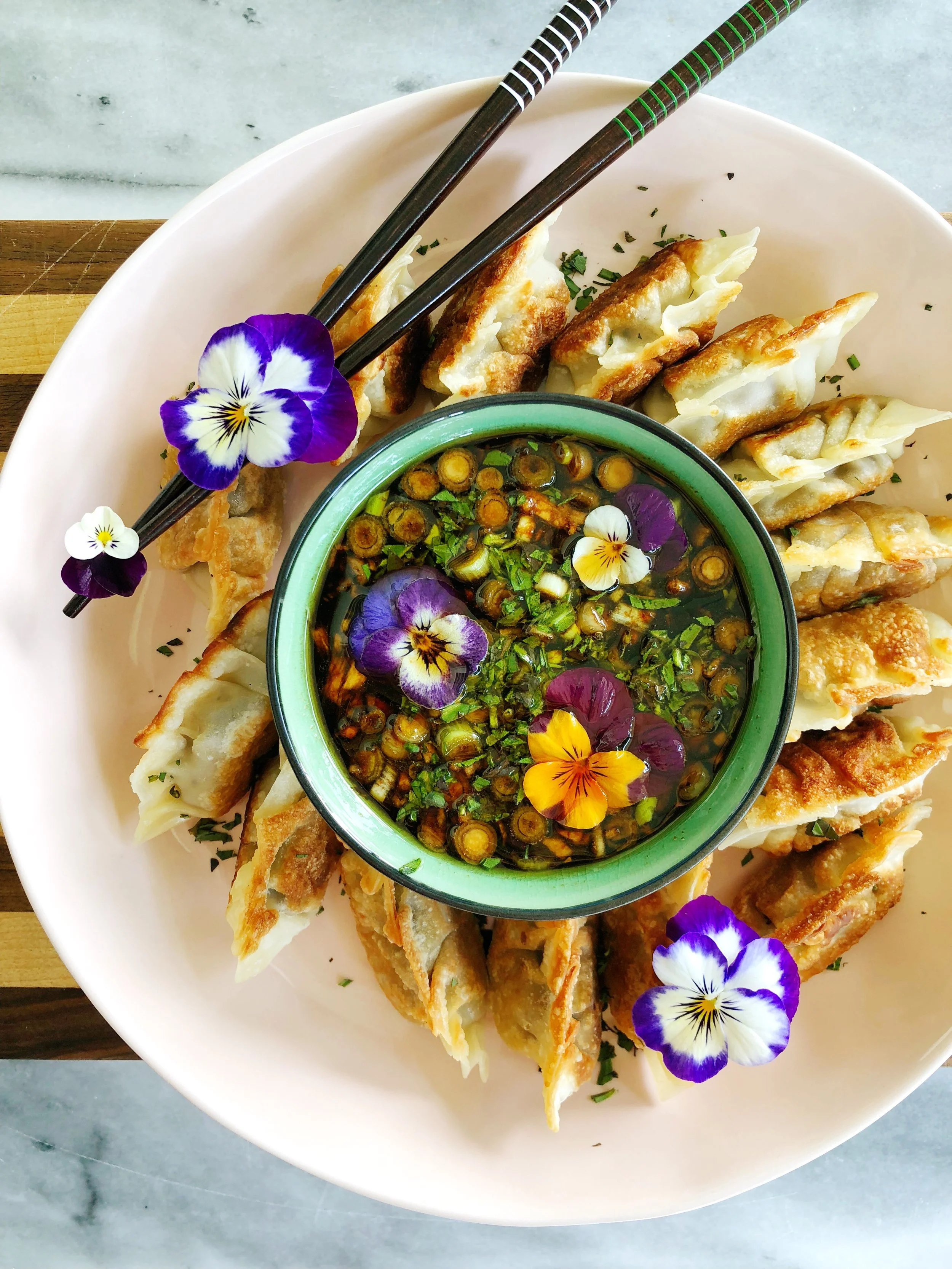 FILET &amp; THREE MUSHROOM PAN FRIED DUMPLINGS 