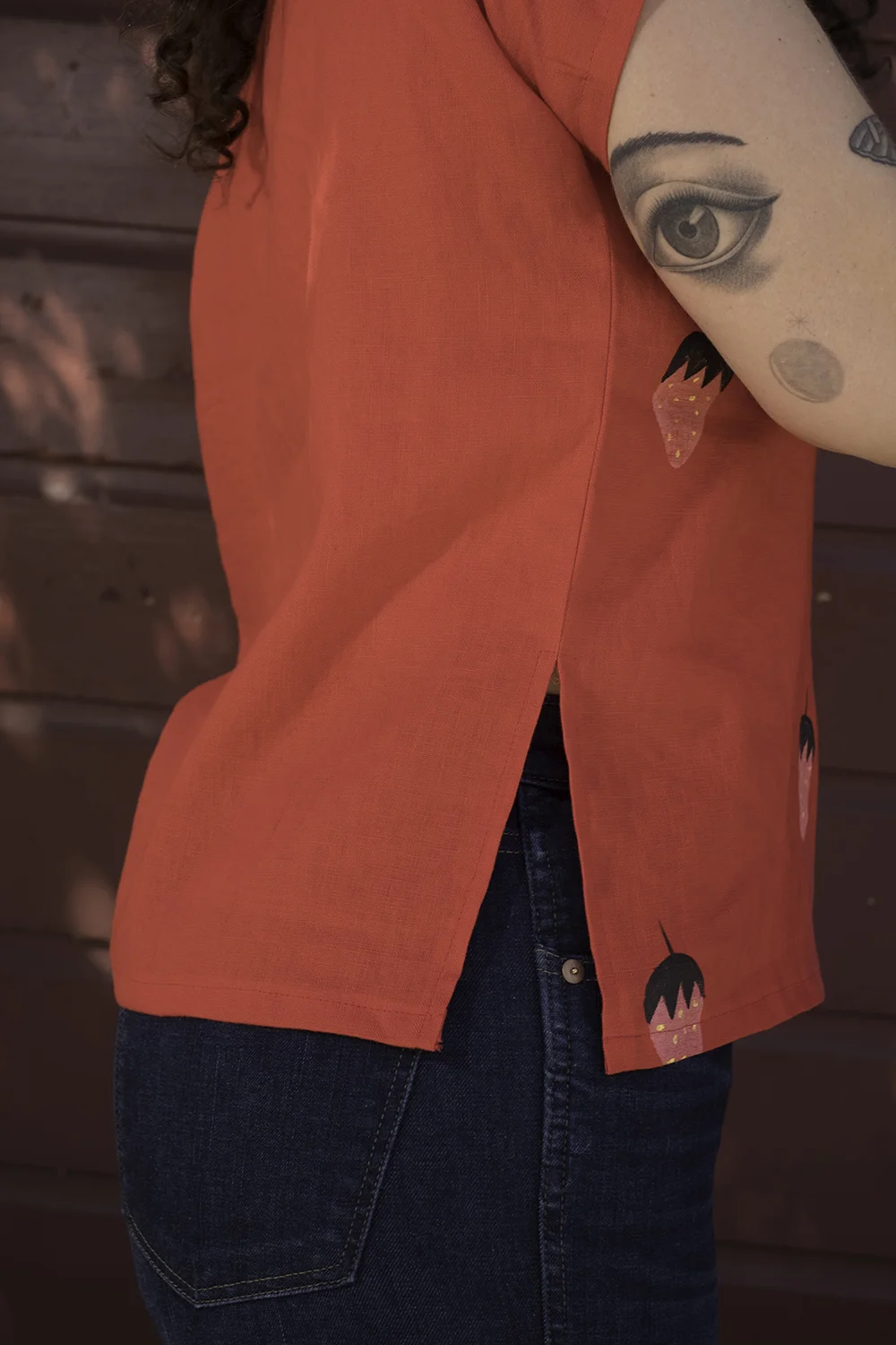 Red Linen Strawberry Smock Women's pink shirt