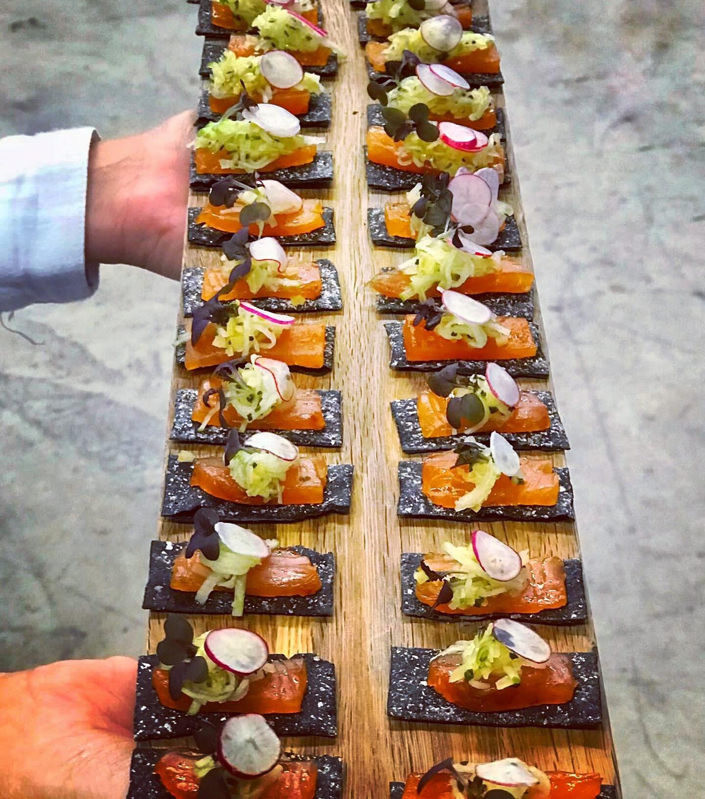 Cured trout, preserved lemon and pickled cucumber on a charcoal wafer. Summer canap&eacute;s from an event at WowHouse for @delecuona &hellip;ps. Hello insta, it&rsquo;s been a while 
#canapecatering #londoncaterer