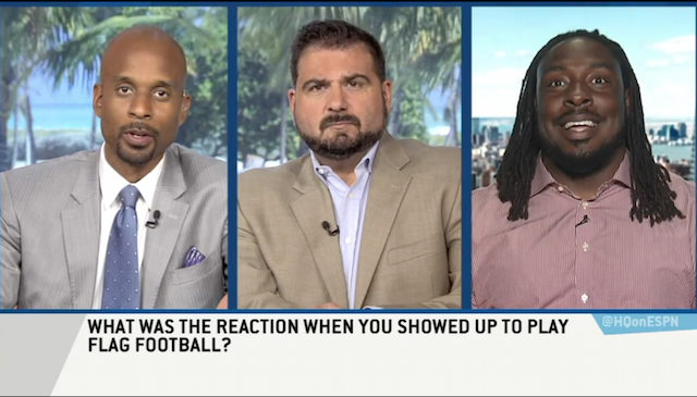 ricky jean francois is on espn's highly questionable remotely from new york city during a media tour swanson communications set up.
