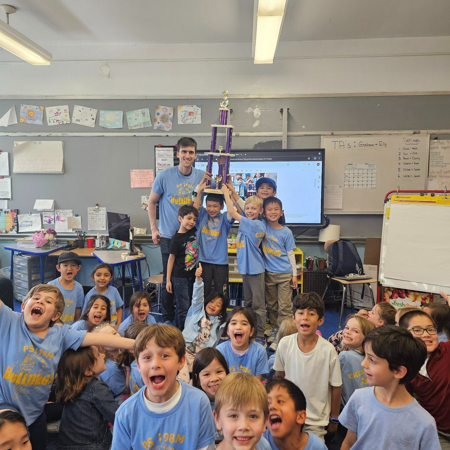 Ain't no party like a Bulldog party! The school spirit here is wild. When some of us win, we all do! PS 198 celebrates its top-5 finish in K-6 U-1400 at Nationals.