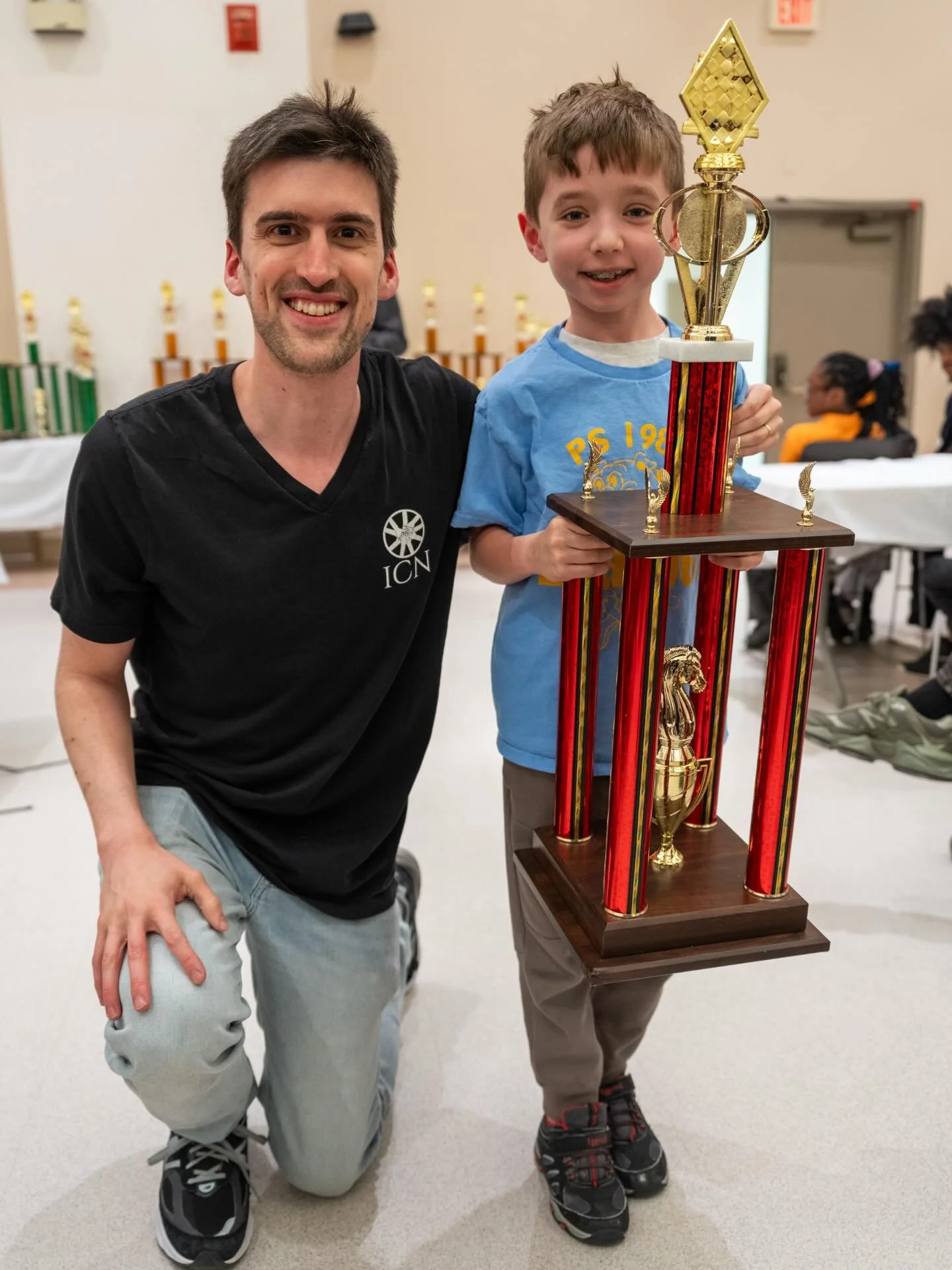 Representing the Bulldogs from @ps198m, Max M goes a perfect 6-0, winning clear 1st place in the NY State K-3 Primary Championship section. 

On one knee, sitting shoulder to shoulder with Max, is Coach Logan who has been there every step of the way.