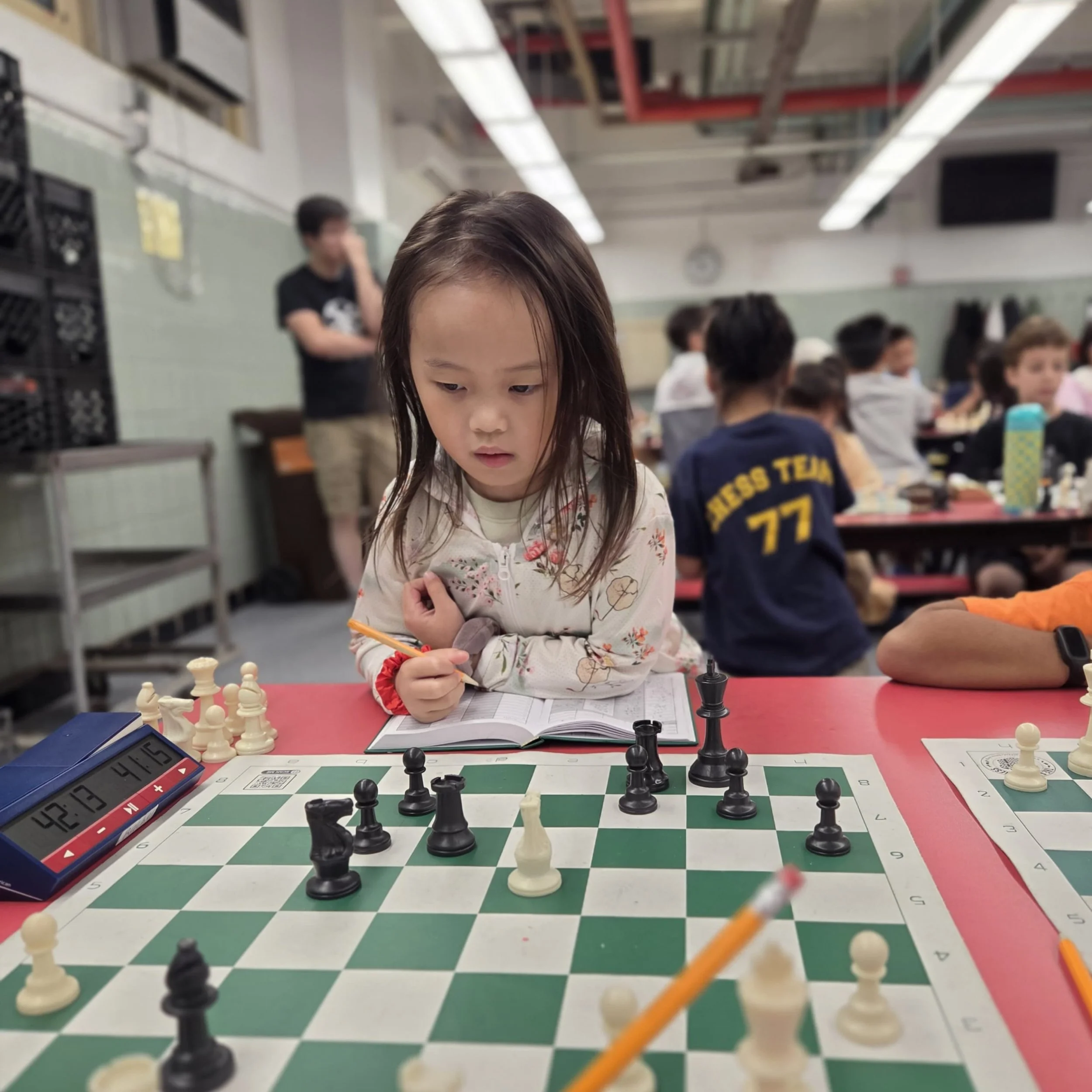 Meet Rachel, a rising 1st grader at PS 77 that has been training all summer at camp with her sister Dinah. Rachel went from 262 at the start of the summer to now 537 (peak 577). She has been working diligently on her tactics and capturing free pieces