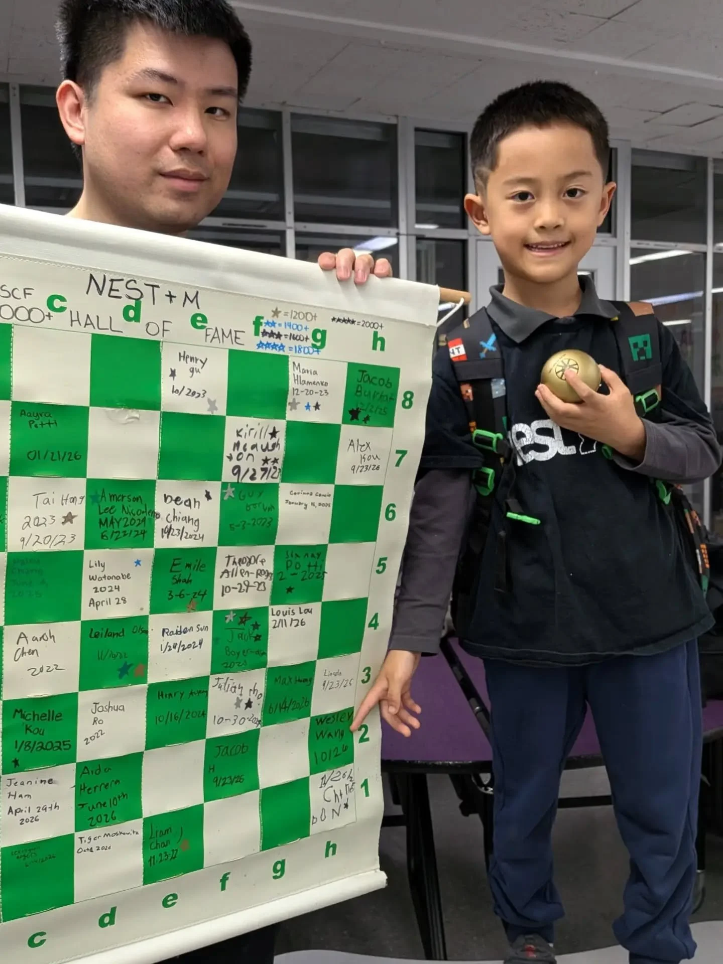 Congratulations Wesley!! 🎉👏 We're so thrill to recognize his success of five consecutive wins at last week's Grand Prix tournament, where he boosted his USCF rating from 974 to 1112! 💪 As the second 1st grader to sign our Hall of Fame board, Grade