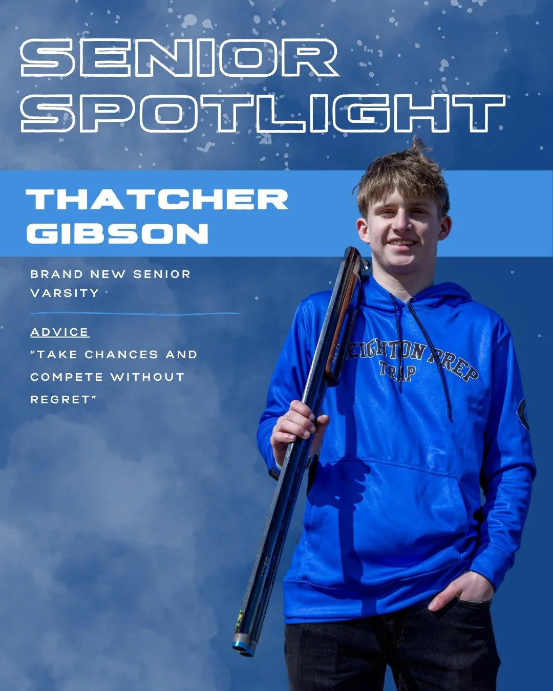 We are celebrating Thatcher, a senior who has shown focus, dedication, and leadership during his first year  with the Creighton Prep Trap Team. His efforts have been invaluable, and we can't thank him enough. Let's wish him the best!