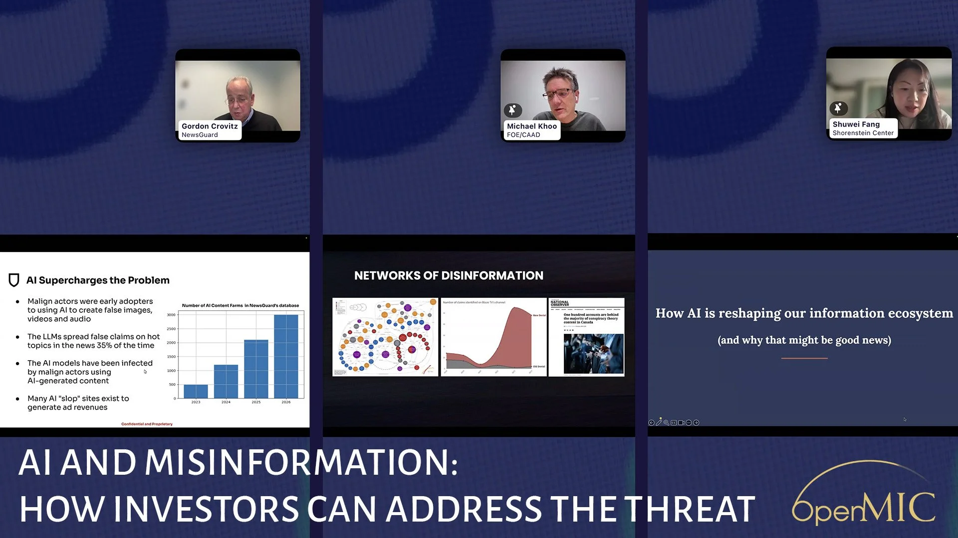 Screenshots of Open MIC webinar on AI and Information Integrity