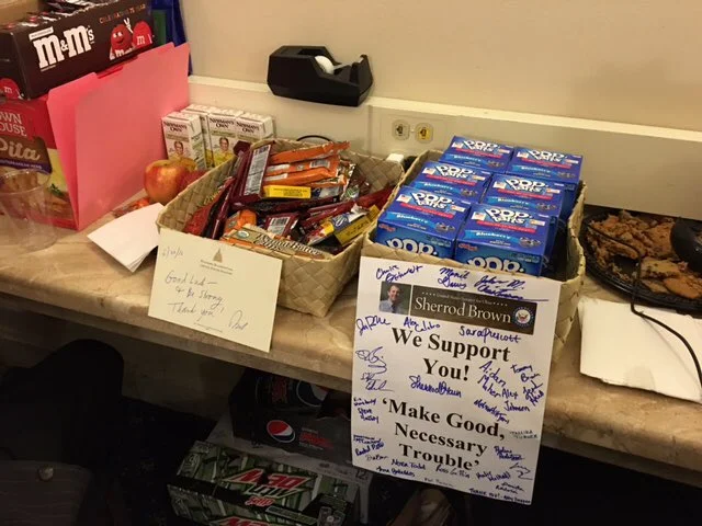 Senators brought food to their hungry House colleagues (because Senators often get free food from manufacturing companies based in their states, as you can see further in the pic below)