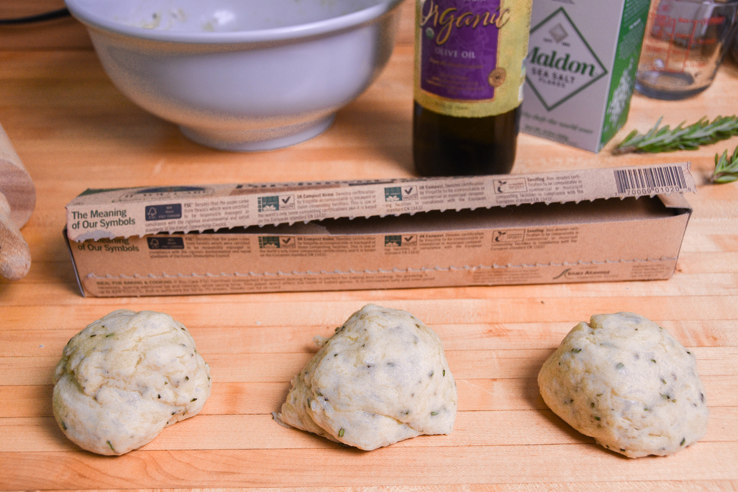 Separate the dough into 3 pieces. Wrap two in plastic and set aside for later. On parchment paper, roll out 1 piece of dough until thin (should be roughly 10 inches). 