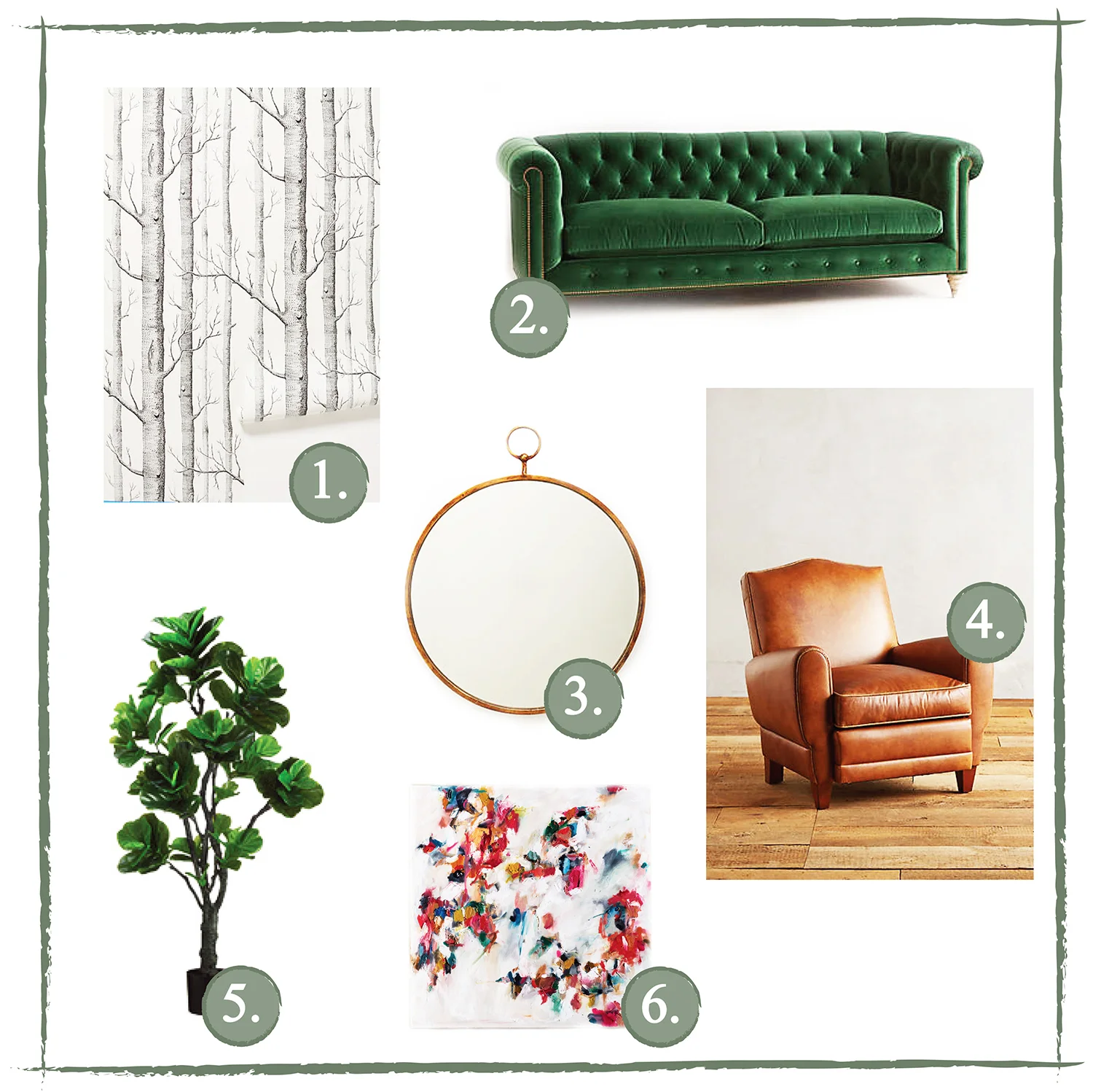 1. Woods Wallpaper - This is on its way to our house! We are going to wallpaper one accent wall, and then surround it with plants. 2. Chesterfield Sofa - Saving up for this one. I've been admiring this couch for *years*. It is perfect. 3. Hoop Mirror - I'd like to add a couple of large mirrors to help brighten and enlarge our living room and dining rooms. 4. Chair - A couple of our living room chairs are in need of replacement. They were both less than $50 and purchased in college, so...time for an upgrade. 5. Fiddle Leaf Fig Tree - I love these plants. Bought one this summer and neglected it so...back to Bachman's. 6. Torey Erin painting - Forage Modern Workshop carries original artwork from local artists, and this past year I visited their shop a few times to admire Torey Erin's paintings. I love the abstract mess of this and the flurry of bright colors would add the perfect pop to anyone's wall. (Here is a throwback to a post I did on my old blog back in 2011 - glad to know my style preferences are consistent :) I would still go for that pink tree wallpaper, but, we painted a whole wall that color already ). 