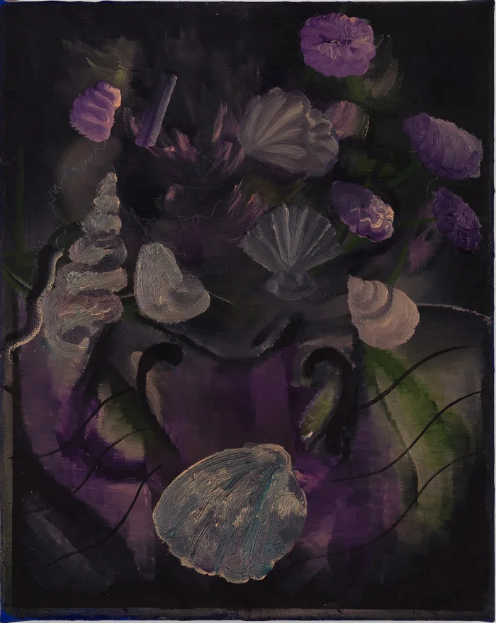 Aaron Weldon, Flowers (empty) with Young Model and Seashells, 2014, 12 x 9.5 inches, oil on linen