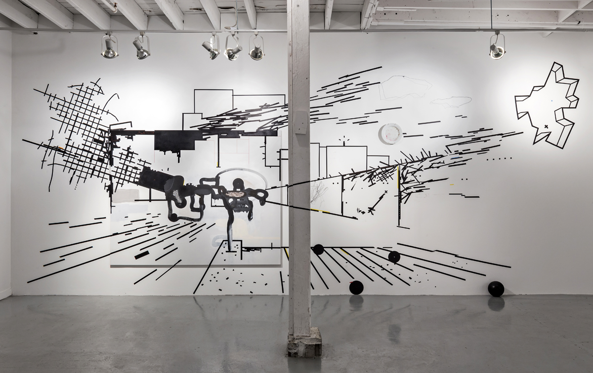F Like Love, 2014, tape on wall, ready-made F Like Love painting, 2014, oil on canvas, 68 x 84 inches, (Photo by: Toni Hafkensheid)