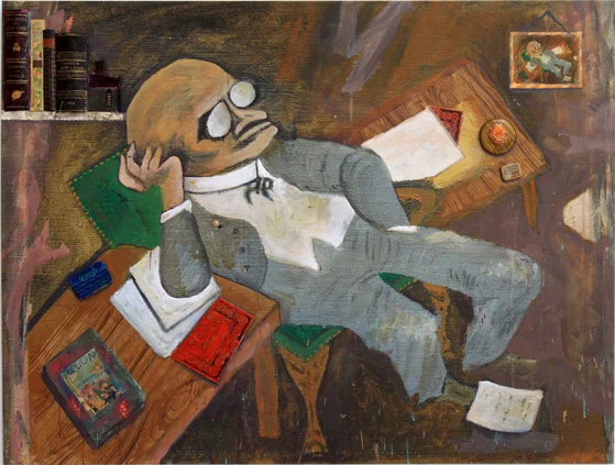 Freudian Nap, 2014, 41 x 54 inches, acrylic, embellishments and vintage book covers on canvas with printed background