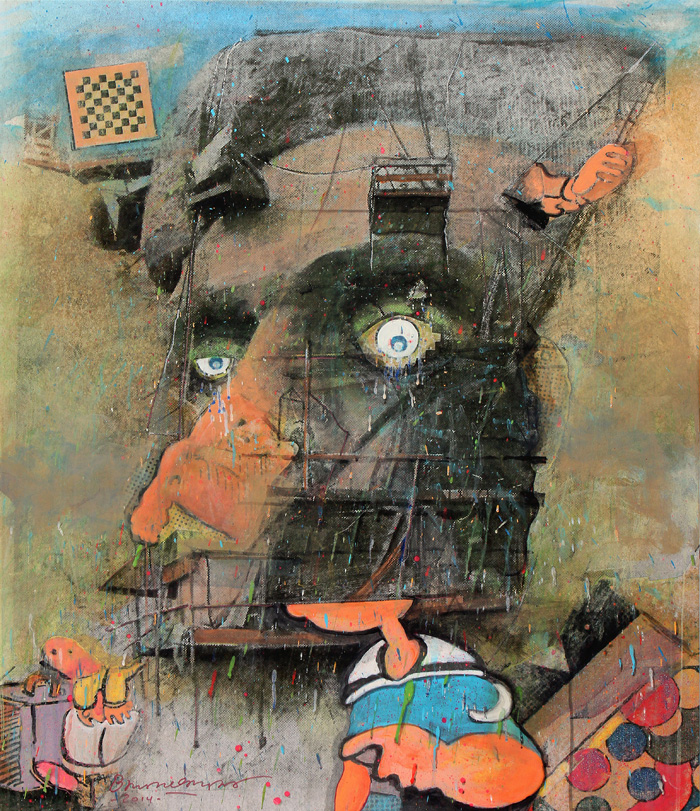 Lincoln Blinkin’, 2014, 42.5 x 36 inches, acrylic, embellishments on canvas with printed background