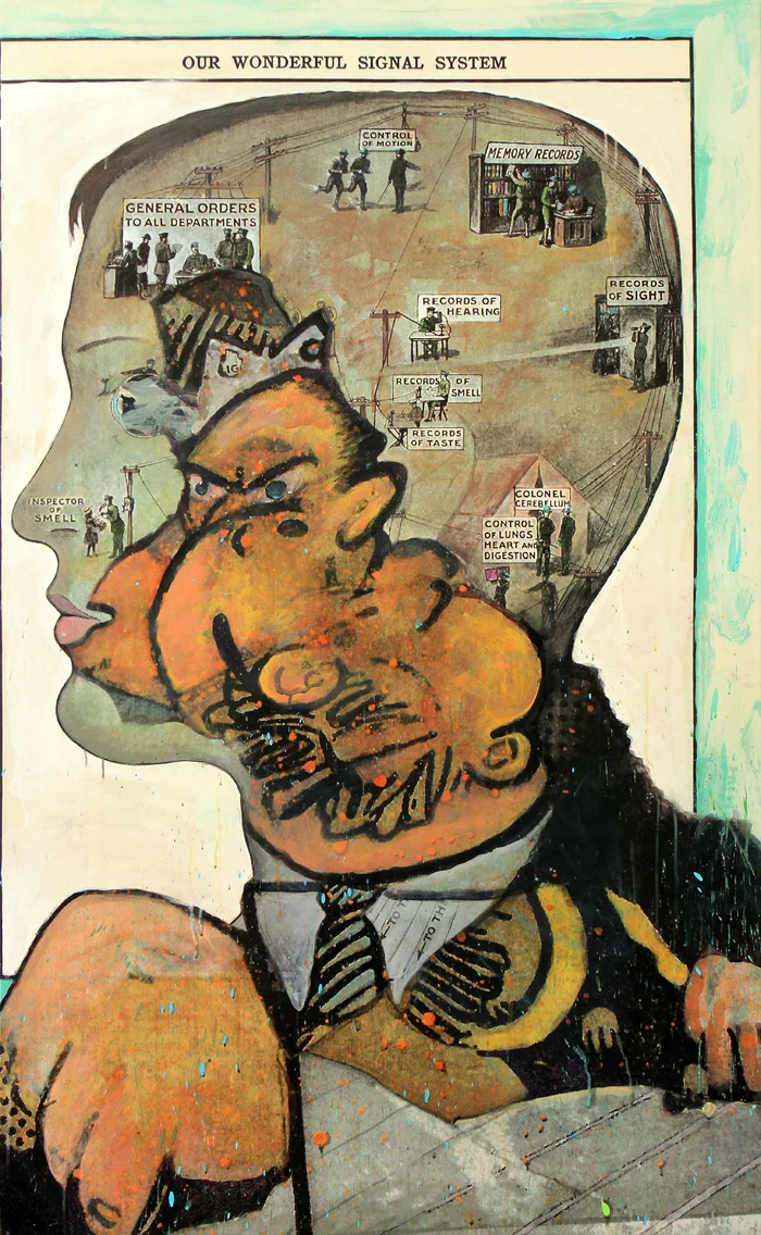 Records of Sight, 2014, 60 x 37 inches, acrylic, embellishments on canvas with printed background