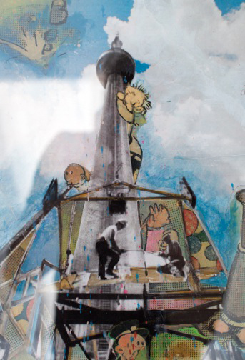 CN Tower of Power, 2014, 57.5 x 40 inches, acrylic, embellishments on canvas with printed background