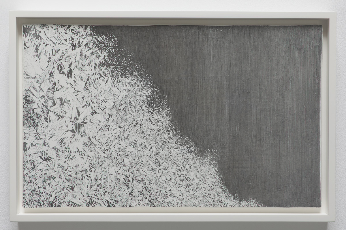 Cusp , 2013, 8" x 13", lead, marble gesso, paper on panel framed: 9.25 x 14.25