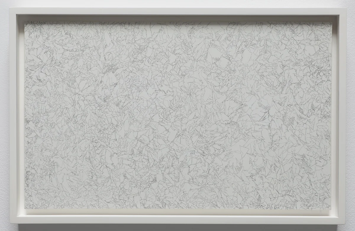 Ignis , 2011, 8" x 13", lead, marble gesso, paper on panel framed: 9.25 x 14.25