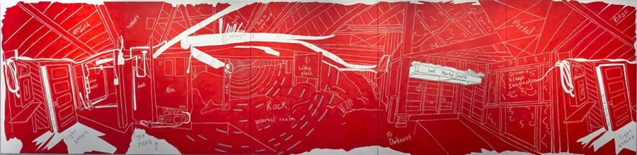 Red. 3011 Jackson (Mortality) , 2013, 6 x 25 feet (5 panels), acrylic on canvas