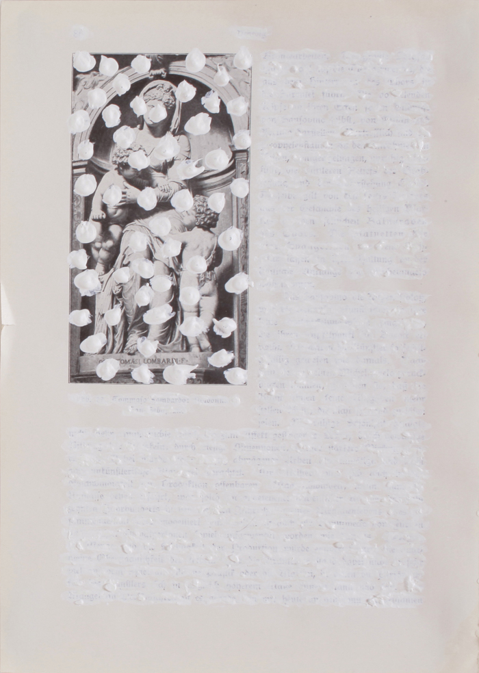 The Day Everything Became Nothing , 2013, 9.5 x 6.75 inches each, paint, found book pages The Day Everything Became Nothing consists of an installation made up of a series of pages taken from a German book from the 19th Century about the art treasures in Venice. The book pages have been rendered unreadable, except for black and white images of works by the Old Masters, that have also been “hacked” by Castellanos to dramatic effect.